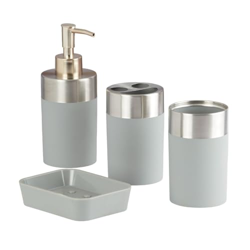 Image of Kookee Acrylic Bathroom Accessories Set of 4, Modern Bath Set with Liquid handwash Soap Dispenser and Toothbrush Holder, Luxury Gift Accessory for Home (8344)