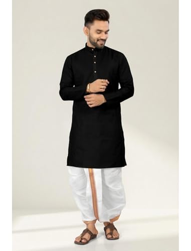 Image of UNIQUE MOMENTS Men's Cotton Dhoti Kurta Set with Full Sleeves Solid Pattern Modern Style and Mandarin Collar Neck | Perfect for Puja & Celebrations