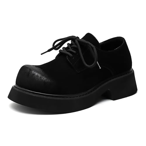 Men’s British Chunky Platform Oxfords Suede Leather Big Round Toed Chunky Heel Non Slip Derby Shoes Casual Non Slip Lace Up Dress Shoes for Business Formal Office