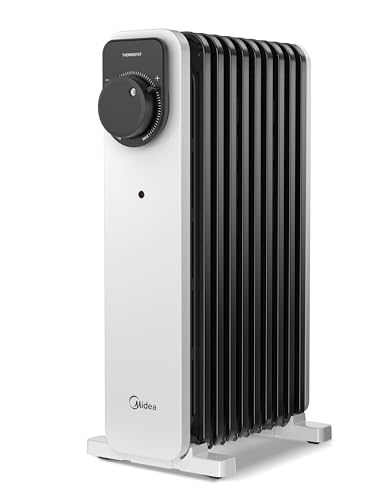 Midea Radiateur À Bain D'huile 2000W - 9 Ailettes, Commande Rotative, Thermostat Réglable, 3 Puissances, Sécurités Anti-Basculement Et Surchauffe - Silencieux Pour Bureau Et Maison, Blanc