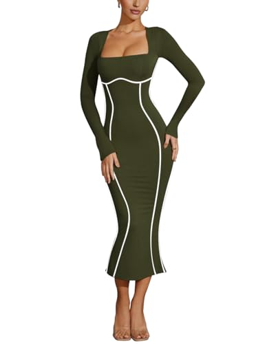 Lrady Womens Long Sleeve Square Neck Back Slit Mermaid Cocktail Party Maxi Bodycon Dresses, Army Green, XX-Large