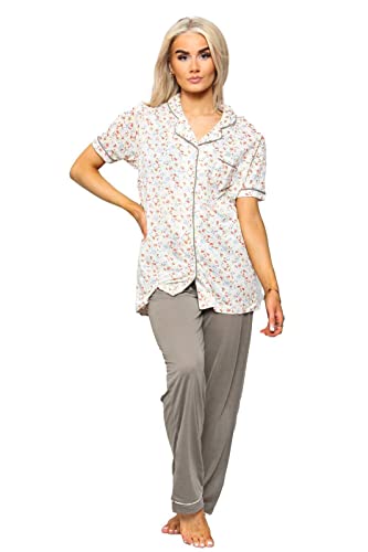UC Ex High Street Brand Floral Print Cotton Pyjamas for Women UK, Ladies Short Sleeve Loungewear Pjs Nightwear Khaki