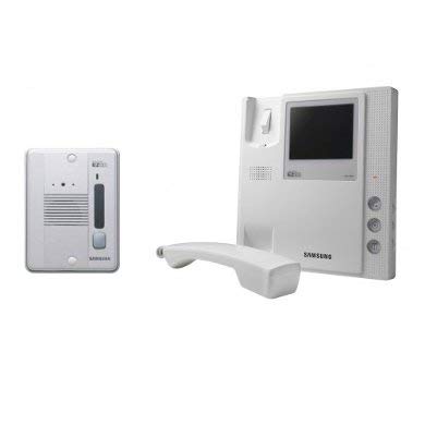 Samsung EZON SHT-4004 video intercom system showing indoor monitor unit with handset and outdoor door station.