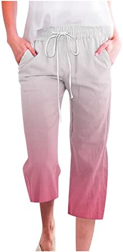 Mittory Womens Linen Capri Pants for Summer Jogger Cotton Casual Loose Cropped Tie Elastic Waist Trousers with Pockets B-Pink