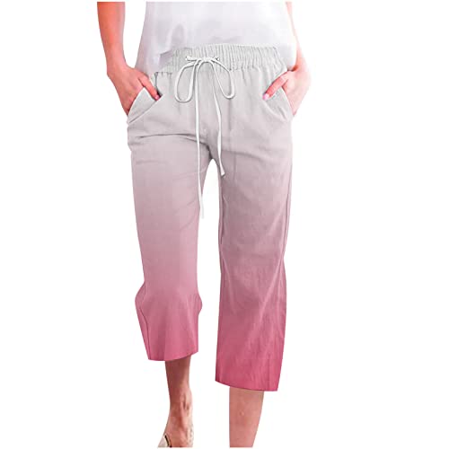 Mittory Womens Linen Capri Pants For Summer Jogger Cotton Casual Loose Cropped Tie Elastic Waist Trousers With Pockets B-Pink #TOP2