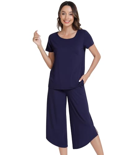 Image of NACHILA Pajamas Set for Women-Viscose Made from Bamboo,Short Sleeve Sleepwear Soft Pjs with Capri Pants Cool Loungewear Sets Navy Blue M
