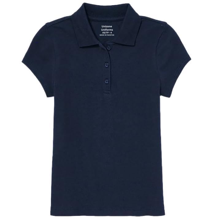 Girls short Sleeve Pique Polo Shirt, Navy, Medium