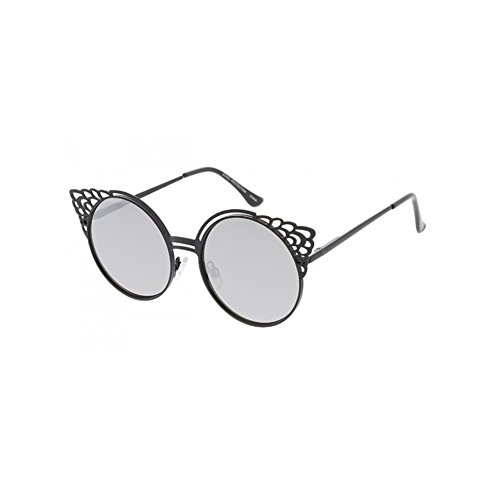 Women's Fleur Cut Out Round Cat Eye Mirrored Sunglasses