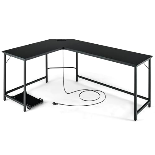LIFEZEAL L-förmiger Eckschreibtisch, Büroschreibtisch mit Steckdosen & USB-Ladeanschluss, Computertisch für 2-3 Computer, Arbeitsplätze mit CPU-Ständer, 168 x 125 cm (Schwarz)