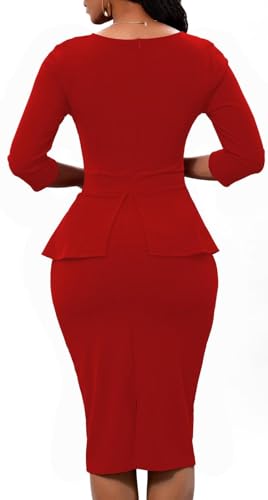 Women Fashion Peplum Bodycon 3/4 Sleeve Bow Wear to Work Club Business Formal Ruffle Pencil Party Dress Red XX-Large4