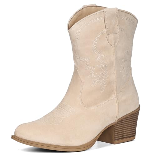 Image of IXU Cowboy Boots for Women Ankle Cowgirl Booties Wide Mid Calf Pointed Toe Western Boots Short Chunky Classic Booties