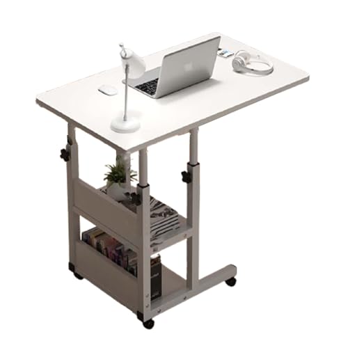 キャスター付きサイドテーブル 昇降テーブル パソコンデスク リフティングテーブル 大容量収納空間 2層式 高さ調節可能なベッドサイドテーブル ワークテーブル ホーム/メイクアップ/勉強/ワ(白,二重層)