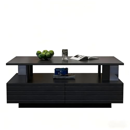 Mesa de centro LED moderna negra multifuncional con dos niveles de salon 6