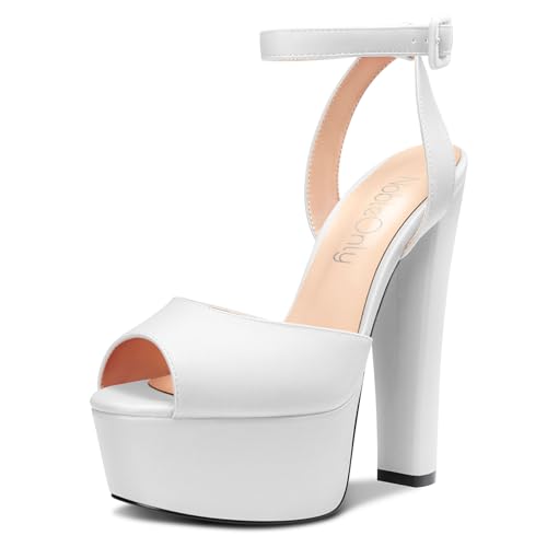 Image of NobleOnly Womens High Block Platform Heel Peep Toe Ankle Strap Sandals Buckle Prom Dress Shoes 5.9 Inches Heels