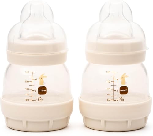 MAM Easy Start Anti-Colic Baby Bottles | 2 Pack (2 x 130ml) | Self-Sterlising Baby Milk Bottle | Slow Flow MAM Teat Size 0 | Newborn Essentials | Unisex | (Various Designs)