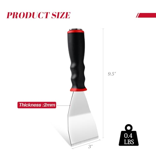 Mister Rui Bent Heavy Duty Scraper, 3 Inch Bent Scraper, Stainless Steel Putty Knife with Hammer End, Spackle Knife with Soft Grip Rubber Handle, Paint Scraper Tool for Wood