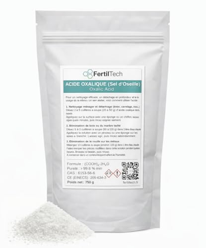 FertilTech Oxalsäure 750 g Hochreines Kleesalz 99 6% | Kraftvoller Reiniger für vergrautes Holz Marmor Aluminium Metalle Böden | Für Haushalt Werkstatt Renovierung DIY