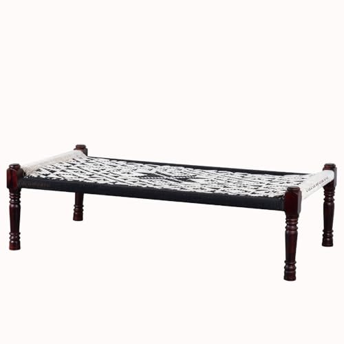 Image of Solid Sheesham Wood Charpai Khat | Handcrafted Daybed Khatiya Charpai with Cotton Rope | Traditional Khat Bed Wooden Diwan Cot for Living Room | 6X3 Feet | Black and White