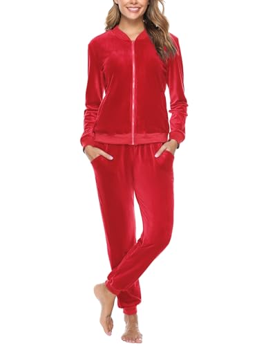 Totatuit Velour Sweatsuits Womens Plus Size 2 Piece Tracksuit Sets With Long Sleeve Zip Up Sweatshirts Drawstring Long Sweatpant Jogging Sports Outfits Red Medium