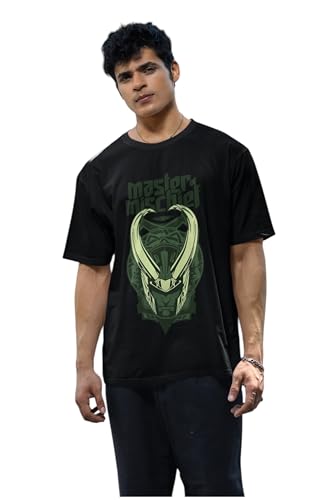 Image of SYOM Men's Oversized Graphic T-Shirt - Half Sleeve, Round Neck, Cotton-Blend Drop Shoulder Tee with inchLoki inch Logo & inchMaster Mischief inch Print