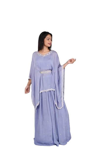 Women Kaftan Dress with Designer Skirt 2 Piece Set | Traditional Stunning Chinon Silk Purple Dress Braided Waist Belt (Size-M)-image-29