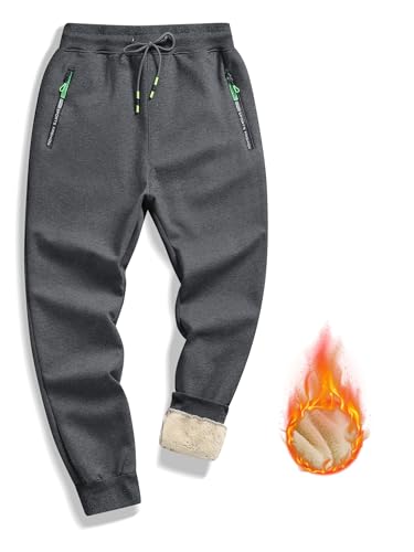 STICKON Men's Winter Thermal Snow Pants Fleece Lined Cotton Pants Warm Sports Joggers Sweatpants Drawstring with Pockets Grey L