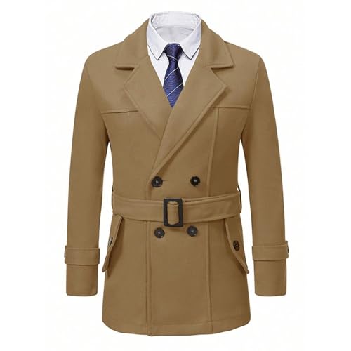 Men's Belted Windbreaker Jackets Long Sleeve Double Breasted Solid Color Lapel Collar Trench Coat Casual Windproof Overcoat3