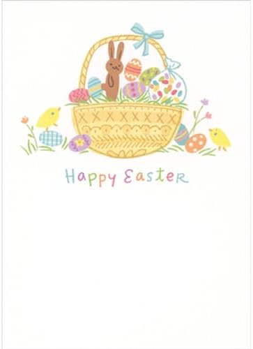 Sellers Publishing RSVP Light Brown Basket with Blue Ribbon, Chocolate Bunny, Eggs, Jelly Beans and Chicks Easter Card image 2
