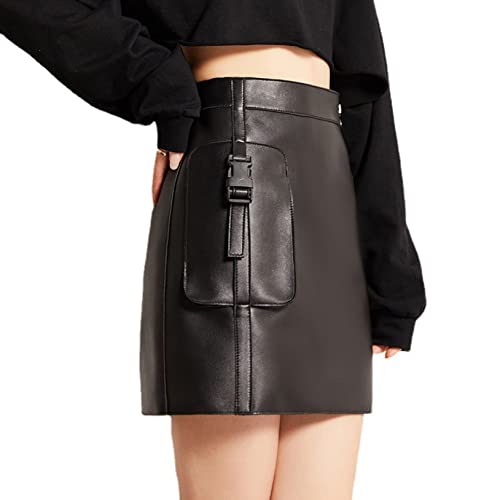 Womens Versatile Faux Leather Pencil Short Skirts Retro Mini High Waisted Stylish Punk Zipper Slim Wrapped Skirt Black #TOP3