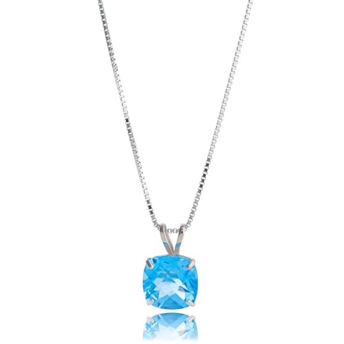 Amazon Collection 925 Sterling Silver 8mm Cushion Cut December Birthstone Swiss Blue Topaz Solitaire Pendant Necklace for Women with 18 inch Box Chain