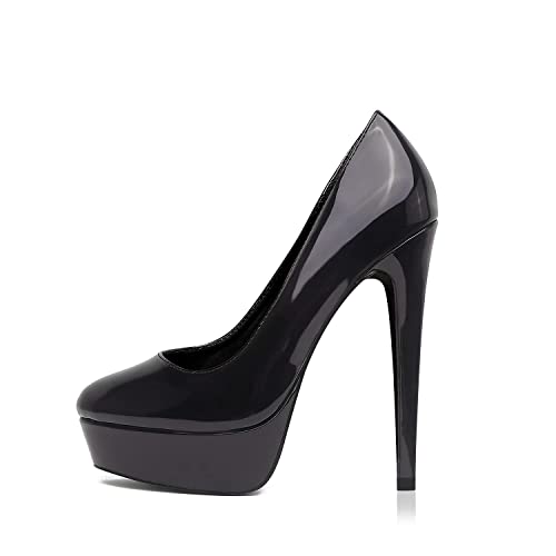 Zhabtuc Escarpins Femme Plateformes Talons Aiguille 14CM Bout Rond Fermé Vernis High Heels Party Soirée Mariage Chaussures Talons Hauts, Noir, 42 EU