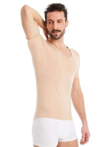 FINN Anti-Sweat Mens Shirt with V-Neck and Built-in Armpit Sweat Pads to Combat Excessive Sweating - Undershirt with Guaranteed Protection Against Sweat Stains and Odour Invisible Skin Color Nude M