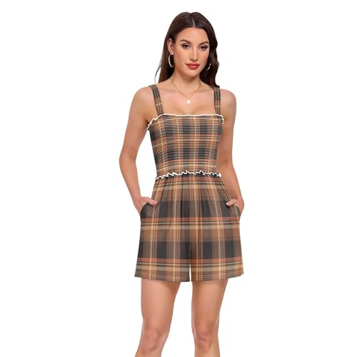Barboteuse tenue d'été décontractée col carré motif écossais marron orange