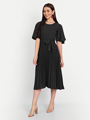 Image of KUDUZO Women's Crepe Long Pleated Below Knee Length Flutter Sleeve Round Neck S to XL Maxi Dress for Girls. (EG-U0IM-B9A1)