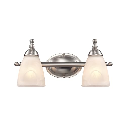 Image of Globe Electric 63000104 3-Piece Bath Accessories, Satin Nickel Finish, 15 inch 2-Light Vanity Light, Alabaster Glass Shades, Toilet Paper Holder, Towel Ring, Bathroom Decor, Home Essentials