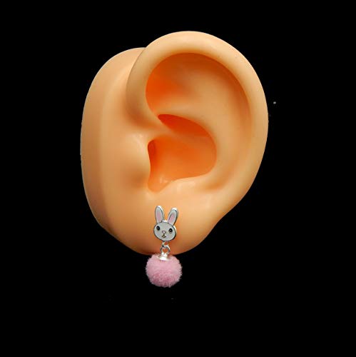 ICYROSE 925 Sterling Silver Cute Animal, cupcake, etc. Stud Earrings with Dangling Pom Pom (Nickel Free) (Bunny/Pink 37164)3
