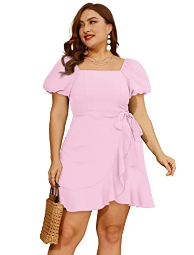 Image of Sampeel Womens Summer Dresses Square Neck Puff Sleeve Tie Waist Short Dress