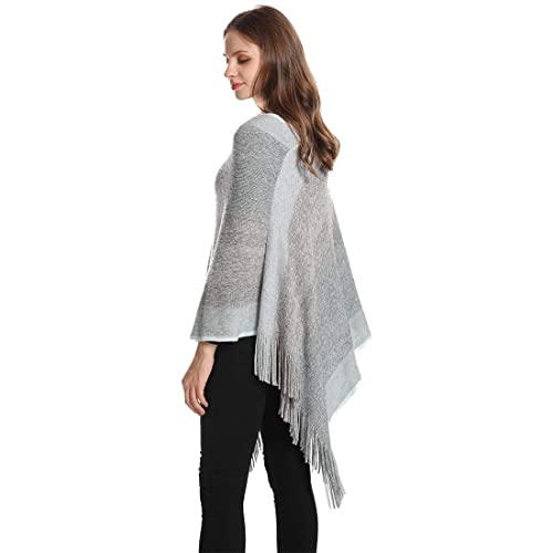 Image of Women's Elegant Knitted Shawl Poncho with Fringed V-Neck Striped Sweater Pullover Cape Gifts for Women Mom