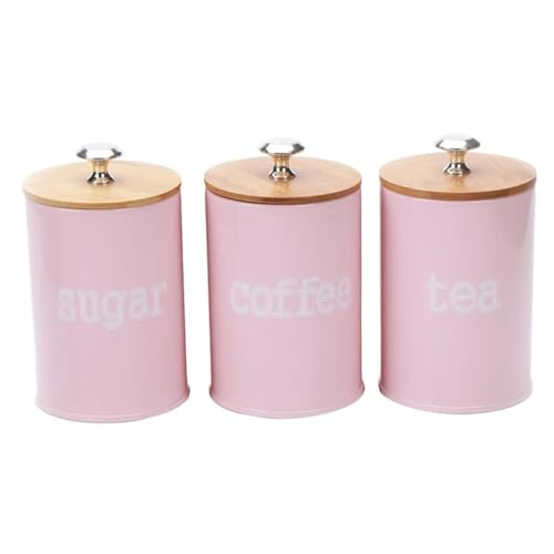 Hemoton Pink Kitchen Canisters Set of 3 with Bamboo Lids