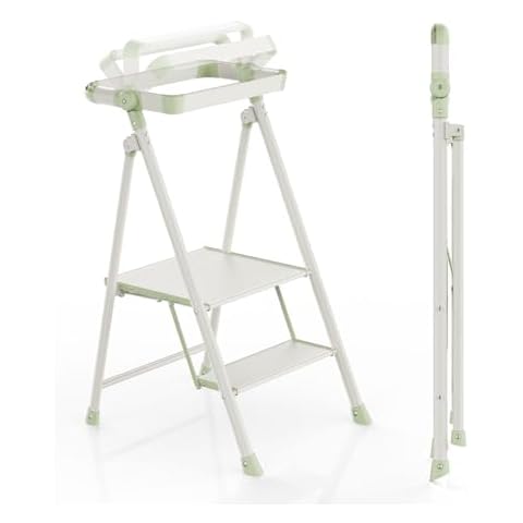 UNICOO® Foldable Toddler Tower, 2-Step Kids Kitchen & Home Helper Stool with Safety Rails, Compact Folding Step Stool for Toddlers & Adults, Multi-Use in Kitchen & Bathroom (Matcha Green) Cover
