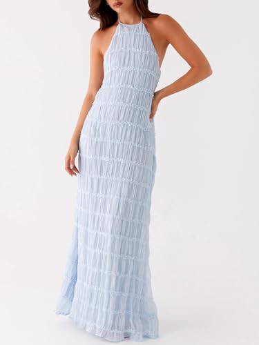 Image of Women Y2k Backless Long Dress Halter Tie Neck Maxi Dress Flowy Beach Sundress Summer Streetwear