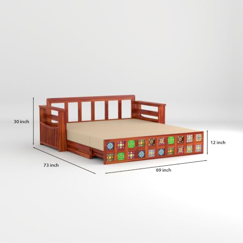 Image of Solid Sheesham Wood Sofa Cums Bed with Mattress & Storage | Rosewood Convertible Sofa Bed for Living Room & Bedroom (F-Honey, 3 Seater)