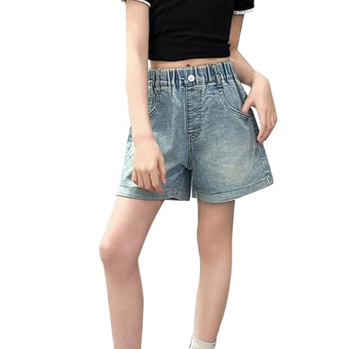 Girls Denim Shorts Bow Graphic Elastic High Waist Baggy Wide Leg Loose Fit Jeans Shorts with Pockets