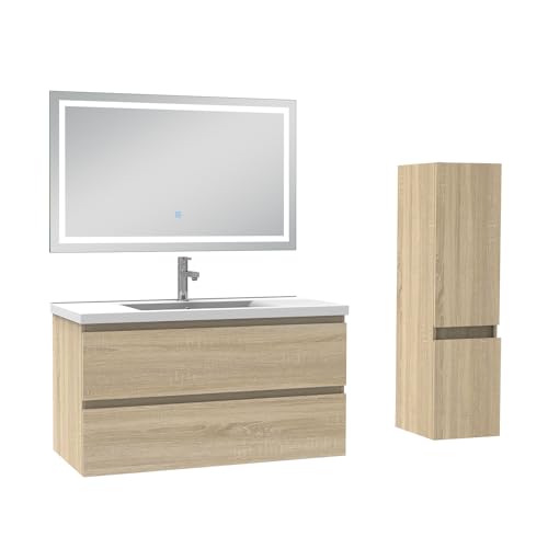 AICA Ensemble Meuble Salle de Bain 100cm Simple Vasque avec Colonne et Miroir 3 Couleurs Chêne Wotan