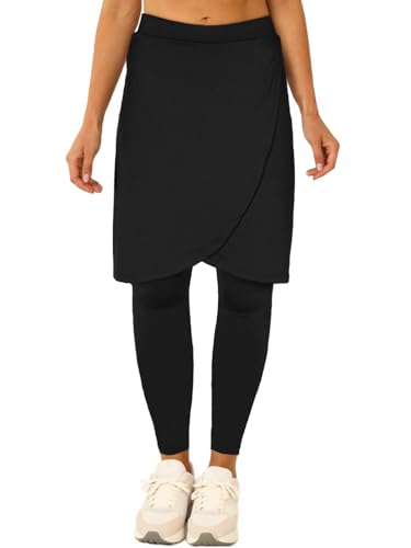 Fisoew Women's Knee Length Athletic Skirt with Leggings Wrap Gym Workout Golf Tennis Skorts with Pocket Black