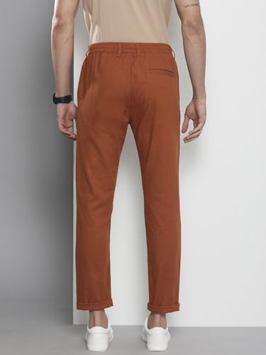Image of The Indian Garage Co Men Slim Fit Solid Mid-Rise Elasticated Linen Trousers