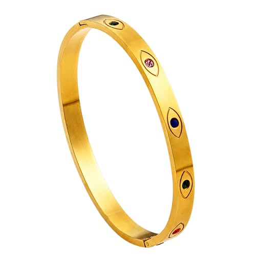 Image of Stylish Gold Plated Bangle for Women | Daily Use Stainless Steel Kada | Anti-Tarnish Waterproof Cuff | Multicolour Crystal Evil Eye | Daily Wear Bracelet For Womens | Premium Gift For Girl