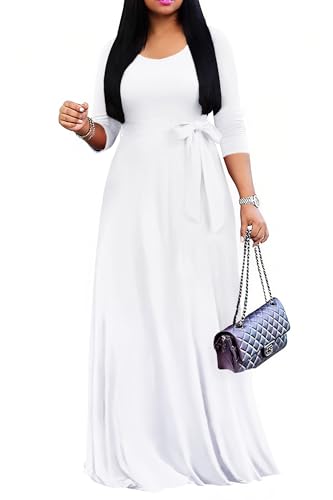 FANDEE Maxi Dress for Women 2026, Long Casual Empire Waist Dresses 3/4 Sleeve Round Neck with Belt M