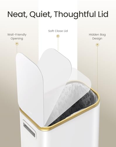 Image of Cesun Small Bathroom Trash Can with Lid Soft Close, 5 Liter /1.3 Gallon Stainless Steel Garbage Can with Removable Inner Bucket, Step Pedal, Slim Waste Basket for Toilet, Office, Bedroom (White&Gold)