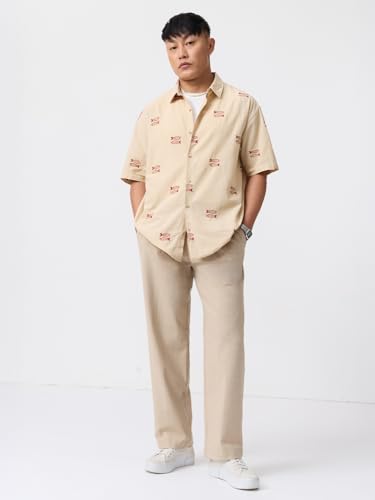 Image of The Souled Store Solid Linen: Beige Color Men and Boys Regular Outdoor Fit Full Sleeve Collared Neck Spread Collar Casual Wear Stylish Comfortable Premium Elegant Cotton Shirts